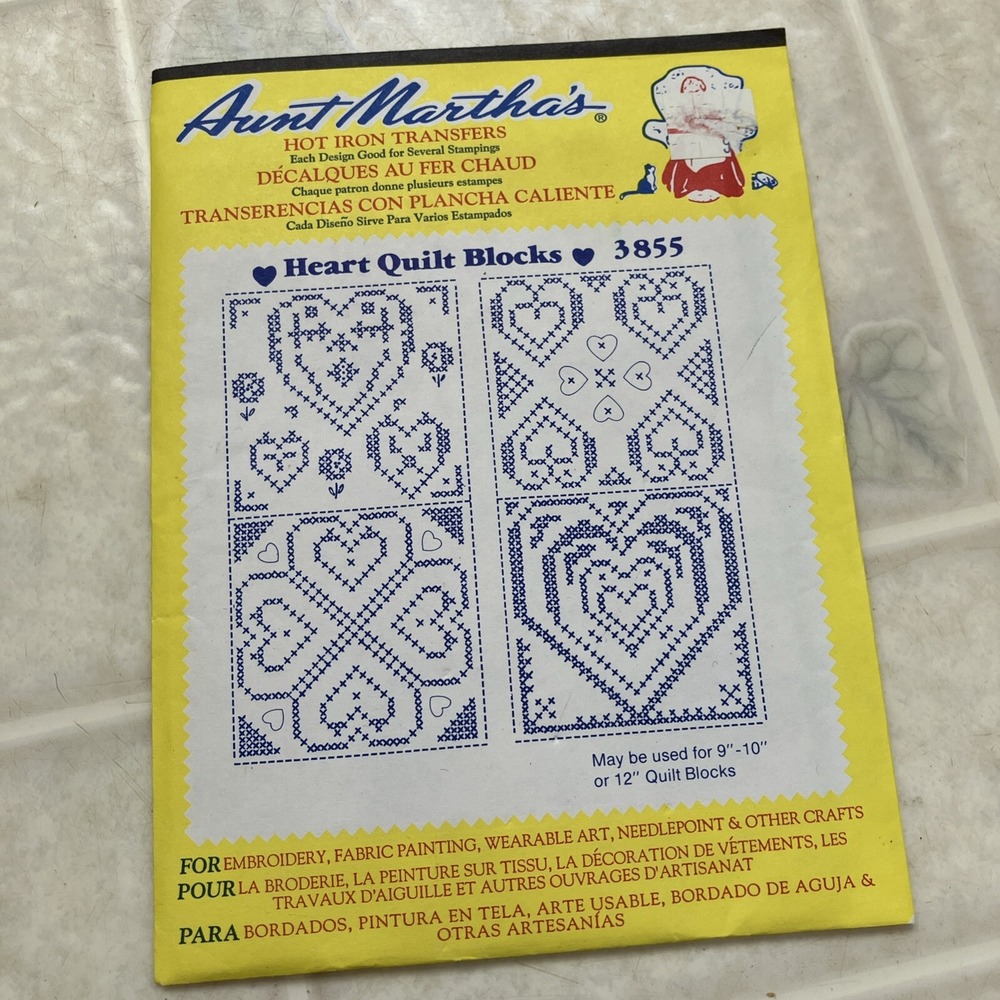 NEW Vintage Aunt Martha's Hot Iron Transfers #3855 Heart Quilt Blocks